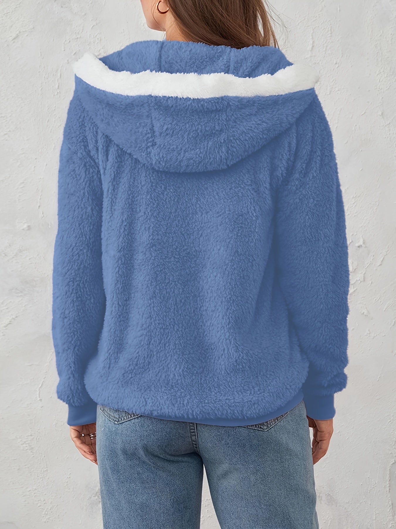 Plus Size Fuzzy Hooded Coat, Casual Long Sleeve Zipper Coat With Pockets, Women's Plus Size Clothing