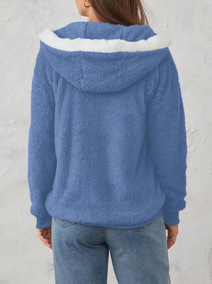 Plus Size Fuzzy Hooded Coat, Casual Long Sleeve Zipper Coat With Pockets, Women's Plus Size Clothing