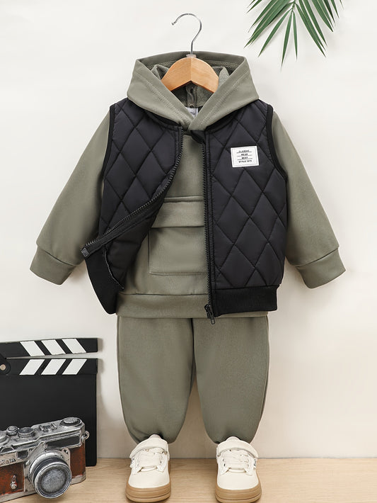 3pcs Baby Boy's Solid Color Warm Vest + Long Sleeve Hoodie + Pants Outdoor Set For Autumn And Winter, Casual Comfy Wear For Infant Boys, Outdoor Cloth