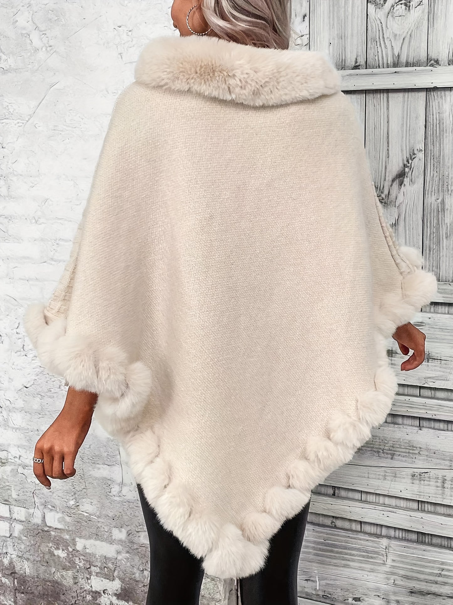 Women's Elegant Cream-Colored Knit Sweater with Faux Fur Trim - High Neck, Batwing Sleeves, Cozy Autumn/Winter Pullover Shawl Cape, Autumn Wardrobe Accessory|High Neck Pullover|Plush Lining