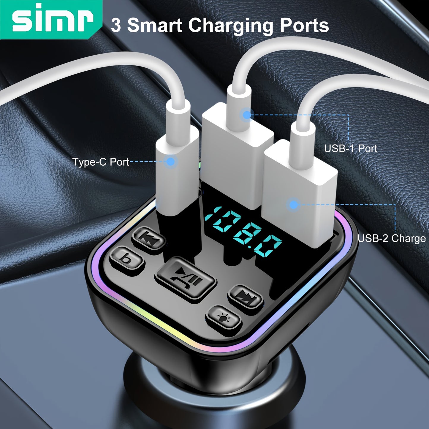 SIMR Wireless FM Transmitter Car Charger, Dual USB &amp; Type-C, 3.1A Fast Charging, MP3 Player, Hands-Free Calling, Audio Receiver with Ambient Light, USB Type-C Connector, Matte Finish, Female to Male Adapter