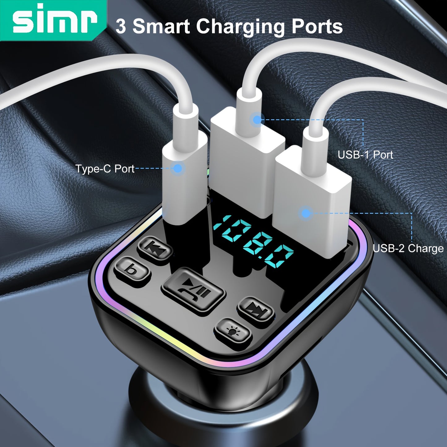 SIMR Wireless FM Transmitter Car Charger, Dual USB & Type-C, 3.1A Fast Charging, MP3 Player, Hands-Free Calling, Audio Receiver with Ambient Light, USB Type-C Connector, Matte Finish, Female to Male Adapter