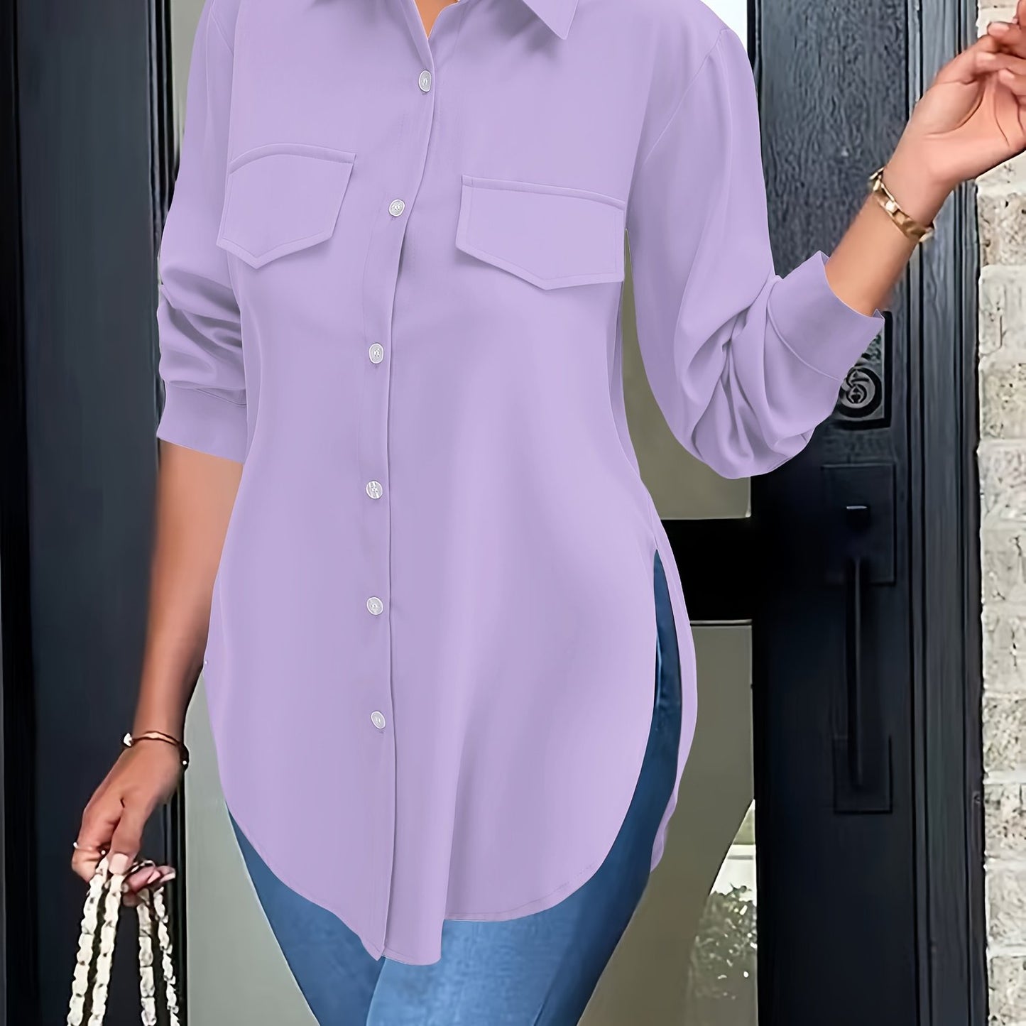 Blusa de talla grande con dobladillo curvo, informal, con cuello abotonado para primavera, ropa de talla grande para mujer.