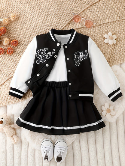 Conjunto de 2 piezas de chaqueta de béisbol con estampado de niña y falda plisada para exteriores, ideal para fiestas y deportes.