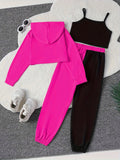 Color Clash 3pcs Girls casual outdoor clothing Set, Long Sleeve Crop Hoodie Top + Camisole + Trousers - Spring/Fall Clothes, Casual Outfit, Gift