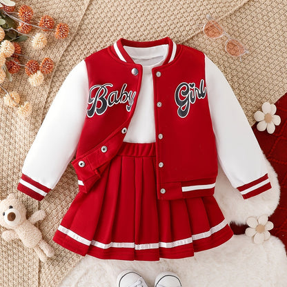 Conjunto de 2 piezas de chaqueta de béisbol con estampado de niña y falda plisada para exteriores, ideal para fiestas y deportes.