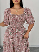 Women's Summer Square Neck Elastic Waist Floral Print Puff Sleeve A-Line Maxi Dress - Lightweight Breathable Machine Washable Plus Size Flowy Long Dress for Beach Vacation & Casual Outings, Beach Dresses