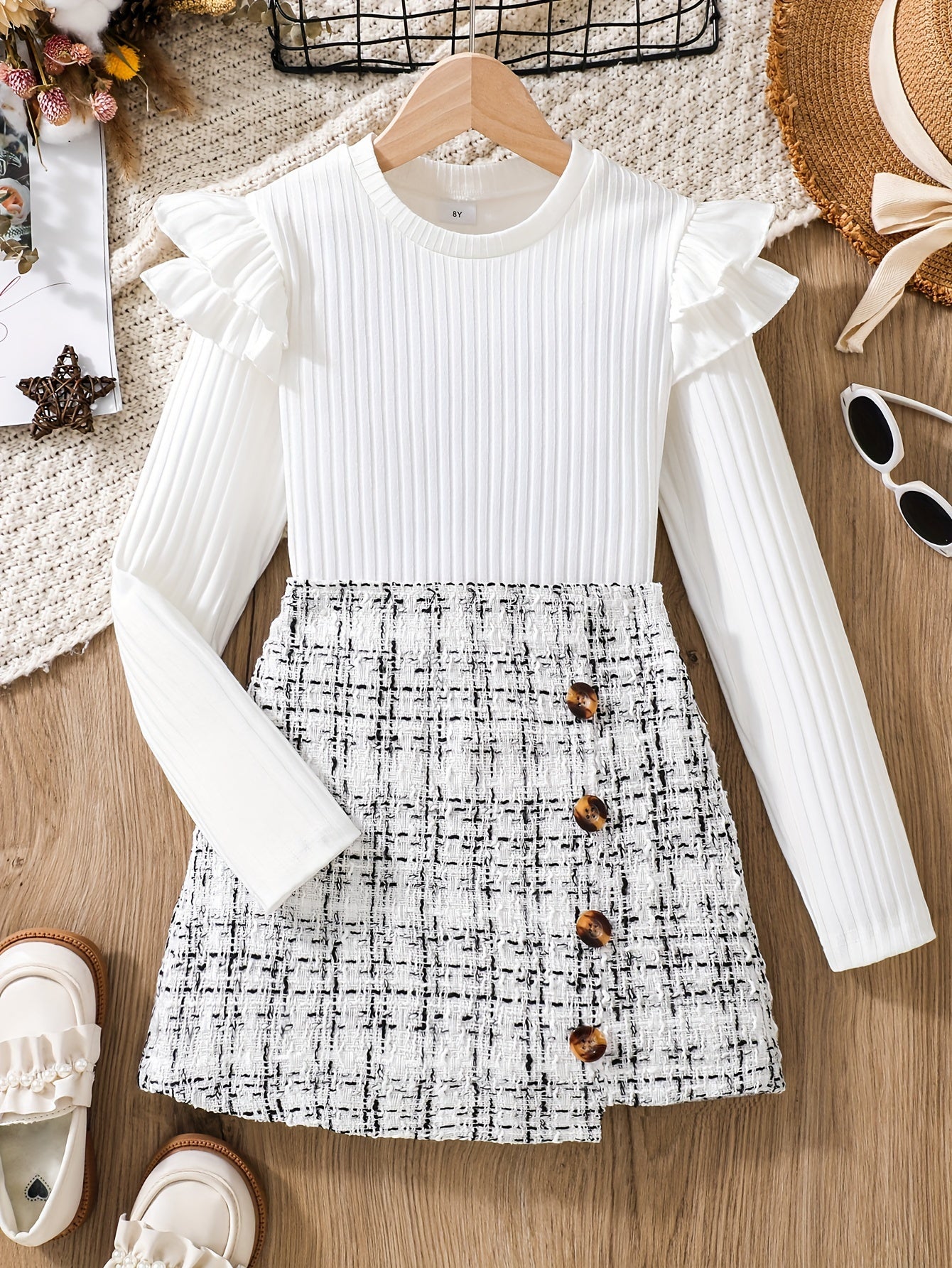 Conjunto de 2 piezas: top de manga larga con volantes y falda de punto de tweed - Ropa de primavera/otoño, atuendo para niñas al aire libre, regalo