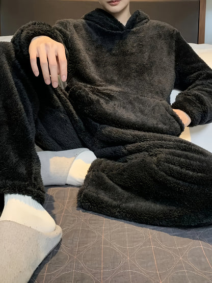 1set Men'S Casual Fleece Pajama Set - Cozy Flannel Loungewear with Hooded Long Sleeve Top and Loose Pants, Solid Color, Polyester, Knitted Fabric, with Pockets, Regular Fit for Autumn/Winter
