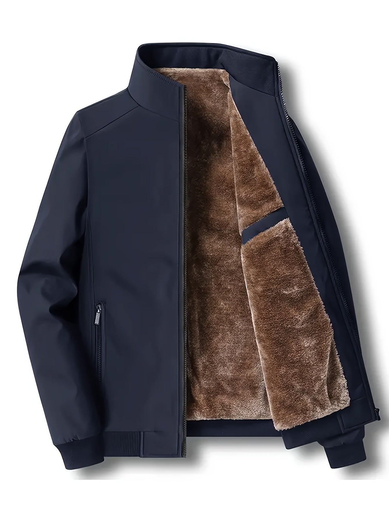Chaqueta de color liso con cuello alto y forro polar para hombre, abrigo cálido de manga larga con cremallera, cárdigan cómodo y moderno a prueba de frío para otoño e invierno, ideal como regalo.
