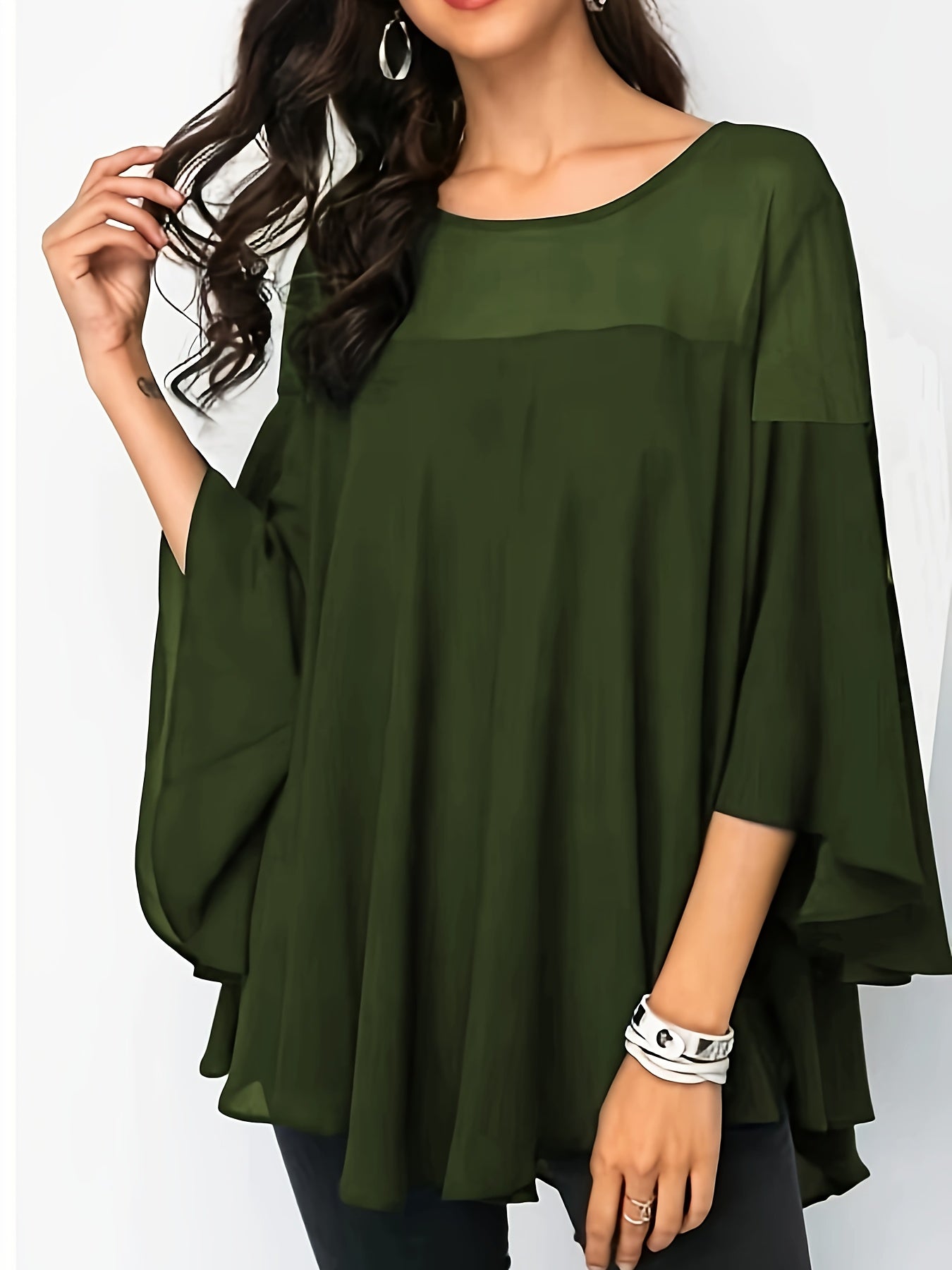 Plus Size Asymmetrical Hem Blouse, Casual Solid Crew Neck Blouse For Spring, Women's Plus Size Clothing