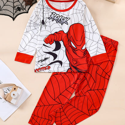 Boys' Cozy Spider Web Cartoon Print Long Sleeve & Pants Set - Flame Retardant, Stretchy Polyester Blend for Fall/Winter