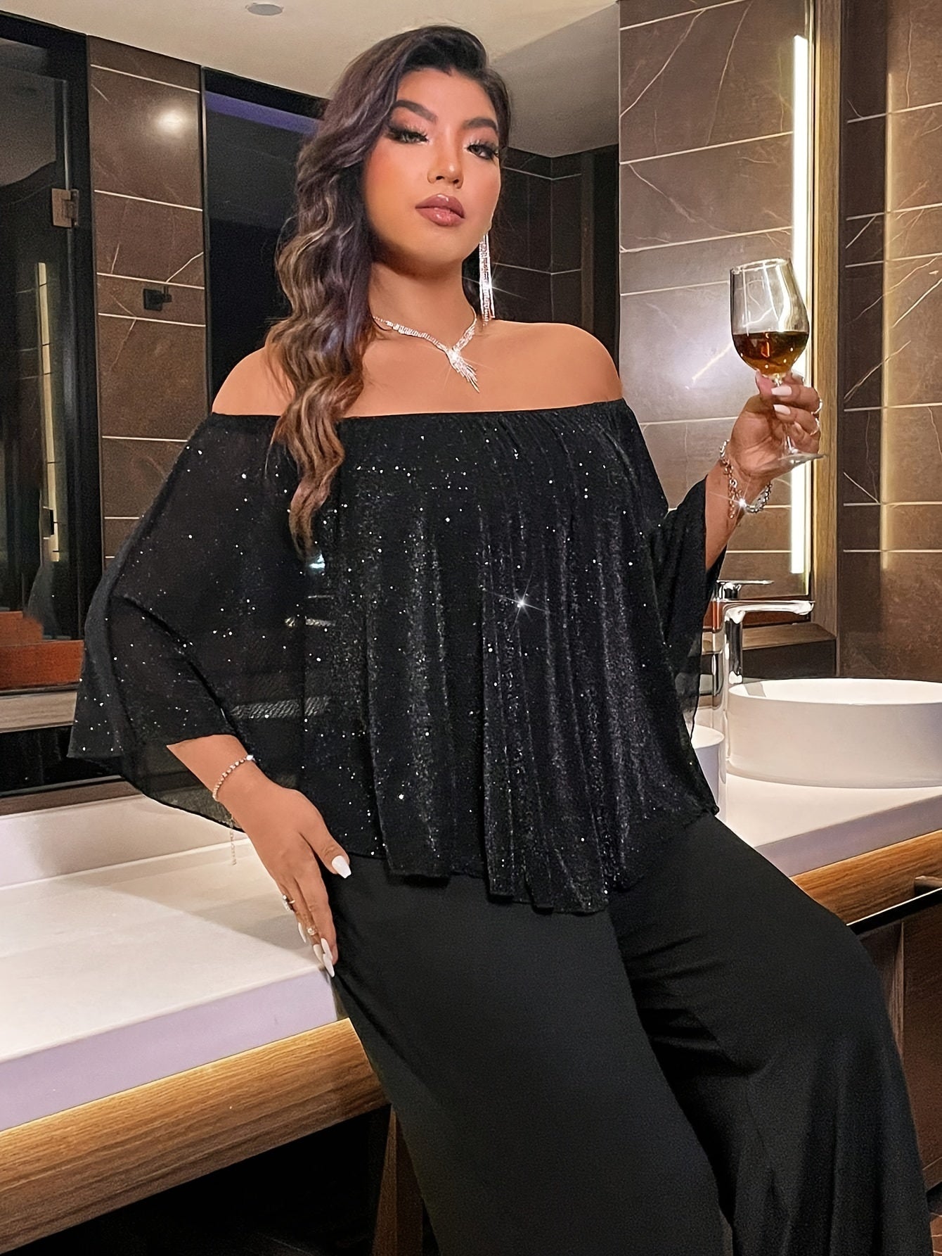 1pc Elegant Off-the-Shoulder Glitter Top and Culottes Set for Women, Polyester Knit Fabric with Slight Stretch, Solid Color, Spring/Summer/Fall Fashion, 96% Polyester 4% Elastane