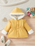 Chaqueta cálida de forro polar artificial con capucha para niños pequeños, abrigo exterior con bonitos volantes, ropa para niña para otoño e invierno.