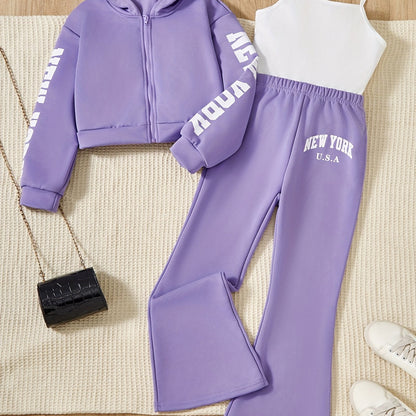 3-Piece Outdoor Sporty Girl's Long Sleeve Zip-up Hoodie + Flared Trousers With Camisole Set - Versatile Comfy For Spring/ Fall Casual Wear, Gift Idea