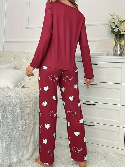 Cozy & Cute Women's Heart Pattern Pajama Set in Dark Gray - Long Sleeve & Pants, Round Neck, Soft Polyester Blend, Machine Washable Sleepwear for Autumn/Winter