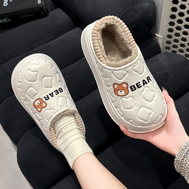 Cute Bear Waterproof Slippers, Cozy &amp; Warm Plush Lined Slip On Shoes, Winter Indoor &amp; Outdoor Slippers