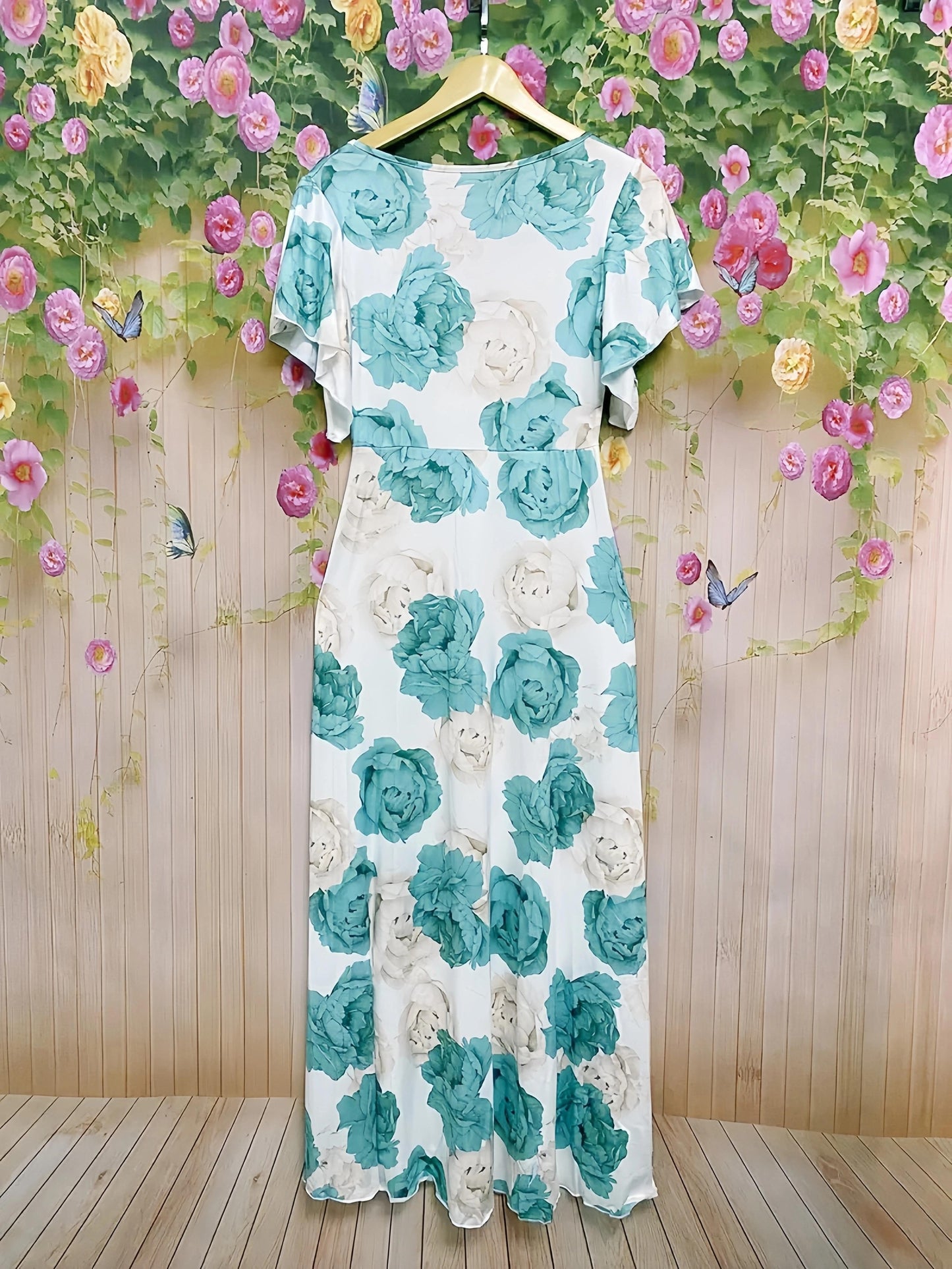 Floral Print Plunge Neck A-line Dress, Elegant Vacation Flutter Sleeve Maxi Length Dress For Spring & Summer, Women's Clothing