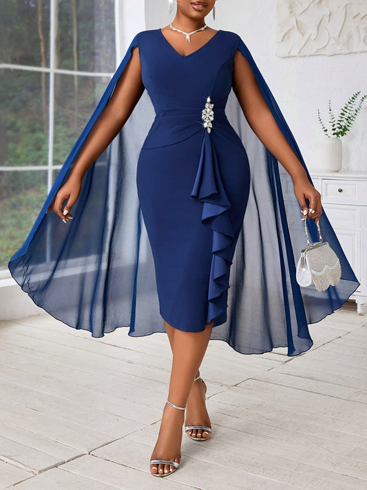 Plus Size, Women's Fashionable and Elegant Batwing Sleeve Mesh Splicing Plus Size Wrap Dress