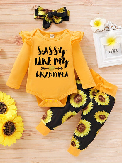 Adorable 3pcs Outfit For Baby Girls - Romper, Ruffle Sleeve Bodysuit, Cartoon Print Pants &amp; Headband Set!