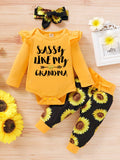 Adorable 3pcs Outfit For Baby Girls - Romper, Ruffle Sleeve Bodysuit, Cartoon Print Pants & Headband Set!
