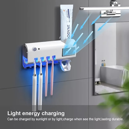 1pc Smart UV Disinfecting Toothbrush Holder with Solar Panel, Wall-Mounted 4-Slot Toothbrush Sanitizer and Squeegee Toothpaste Dispenser, Automatic Power-Off, Bathroom Accessory, No-Drill Installation, USB Rechargeable Lithiu