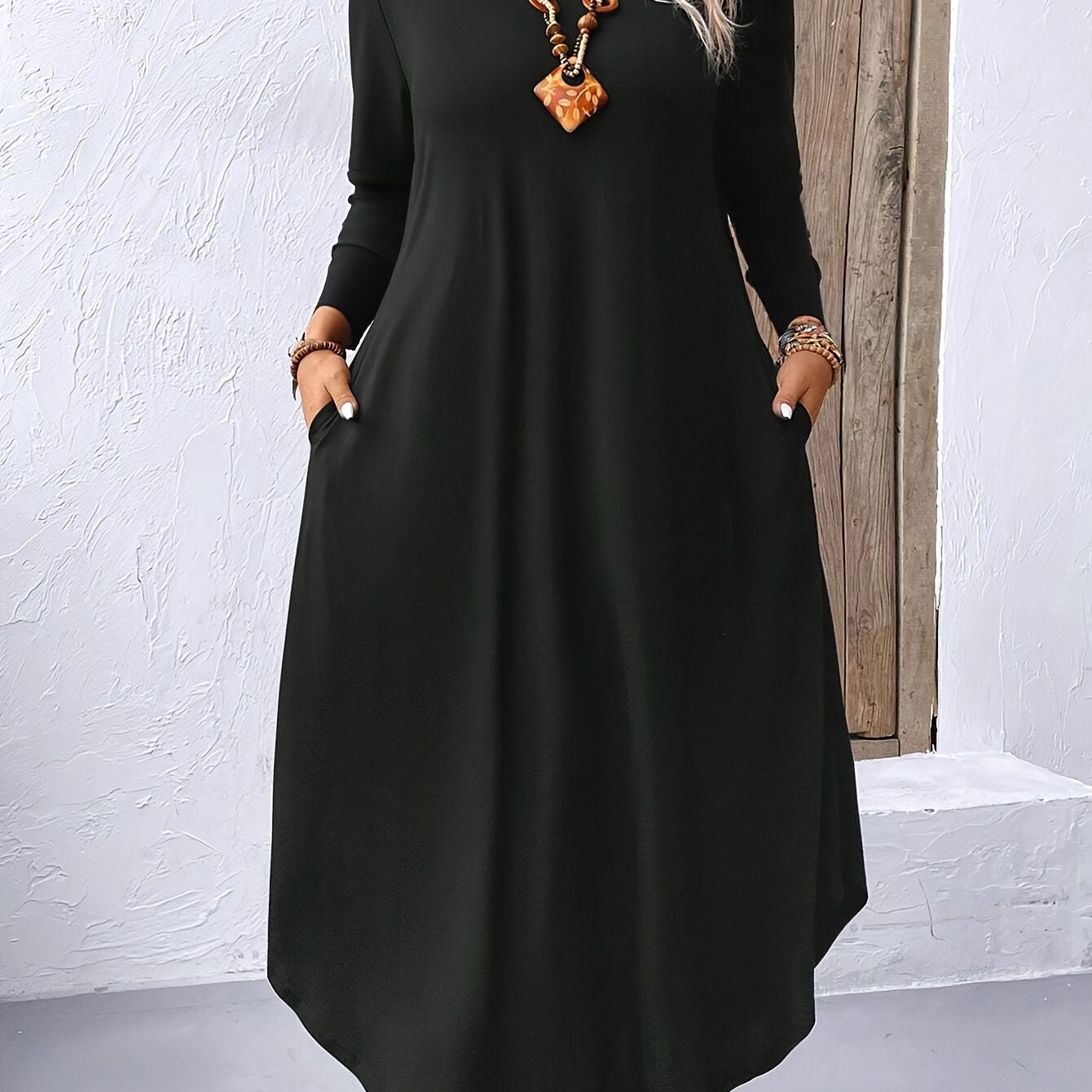 Plus Size Solid Color Dress, Casual Long Sleeve Crew Neck Dress for Spring & Fall, Women's Plus Size Clothing