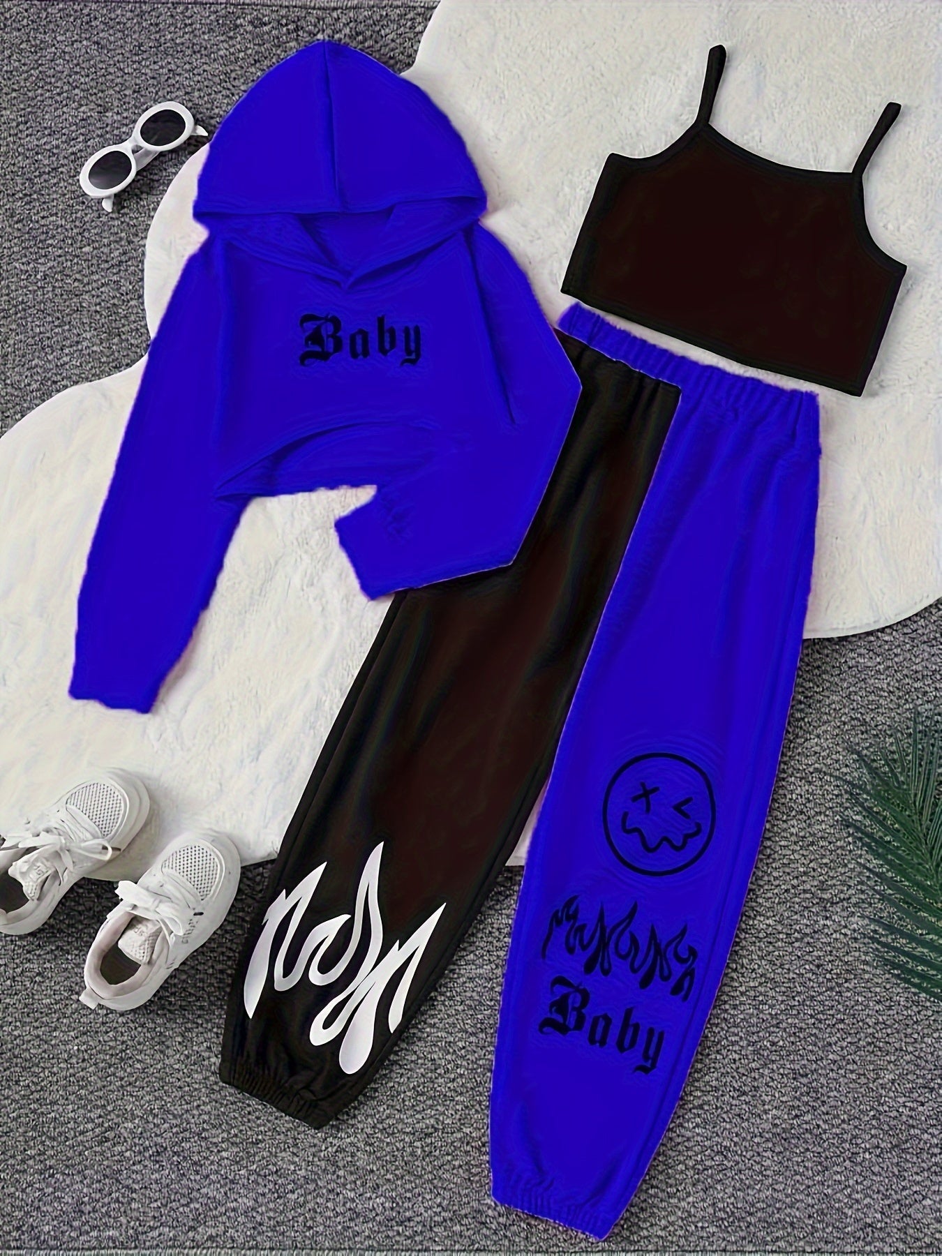 Color Clash 3pcs Girls casual outdoor clothing Set, Long Sleeve Crop Hoodie Top + Camisole + Trousers - Spring/Fall Clothes, Casual Outfit, Gift