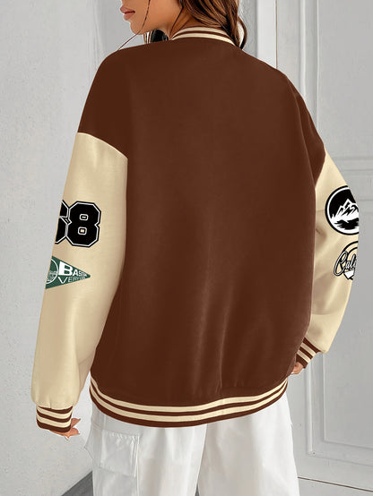 Chic Plus Size Women's Baseball Jacket - Casual Fall/Winter Coat with Letter Print, Button-Up Front, Machine Washable