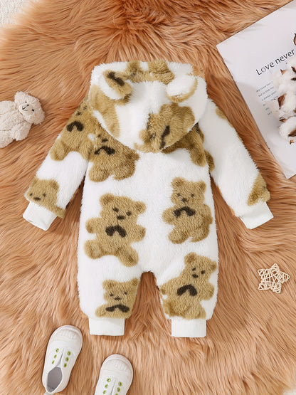 Baby's Bear Embroidery Warm Hooded Casual Long Sleeve Romper, Toddler & Infant Boy's Bodysuit For Fall Winter Outdoor Wear