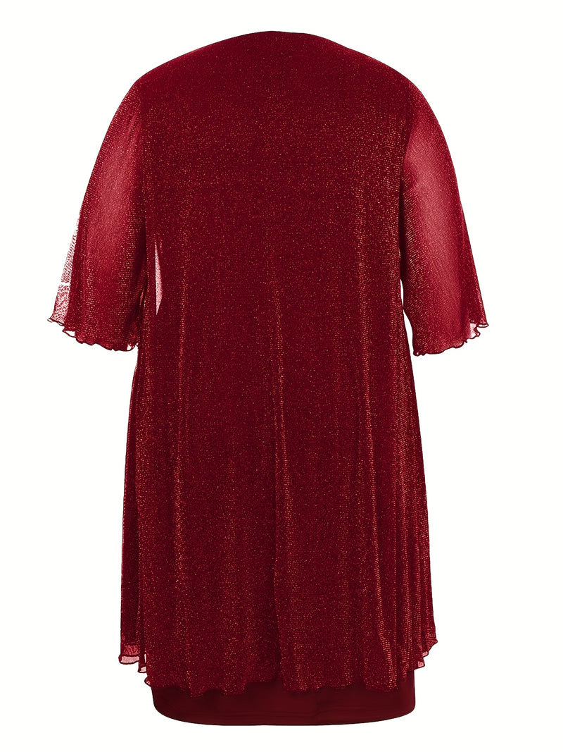 Plus Size - Elegant Plus Size Two-Piece Dress with Mesh Overlay - Navy Blue, Round Neck, Sleeveless, Flowy Design for Spring/Summer, Polyester Blend, Women'S Fashion, Plus Size Dresses