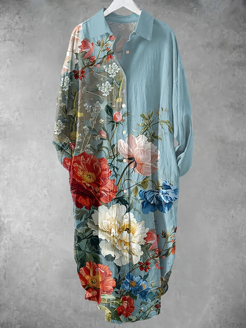 Plus Size - Elegant Floral Print Maxi Dress with Long Sleeves - Blue & White Floral Design, Button-Up Front, Casual Style for Women, All-Season Wear, Casual Summer Dress | Floral Print Dress | Nonstretch Fabric