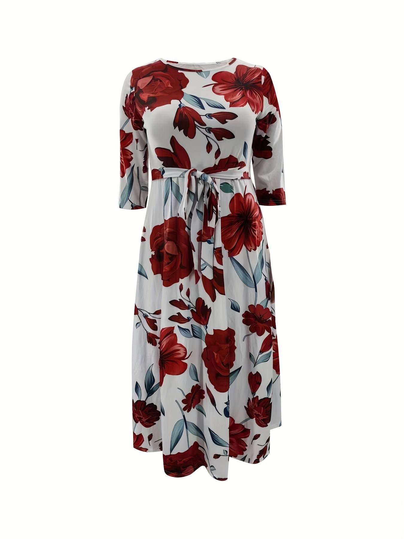 Elegante vestido de poliéster de talla grande con cinturón: cuello redondo elástico cómodo, estilo informal para el fin de semana, dobladillo recto, silueta grande con bolsillos, manga corta, tejido de punto jersey para primavera, verano y otoño.