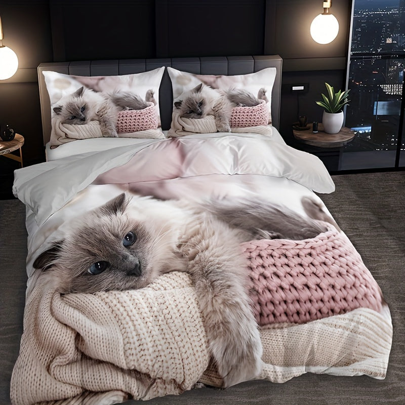 3pcs Cat Print Bedding Set - Includes 1 Duvet Cover & 2 Pillowcases, Breathable Polyester, Machine Washable - Perfect for All Seasons