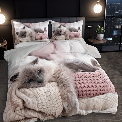 3pcs Cat Print Bedding Set - Includes 1 Duvet Cover & 2 Pillowcases, Breathable Polyester, Machine Washable - Perfect for All Seasons