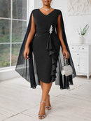 Plus Size, Women's Fashionable and Elegant Batwing Sleeve Mesh Splicing Plus Size Wrap Dress