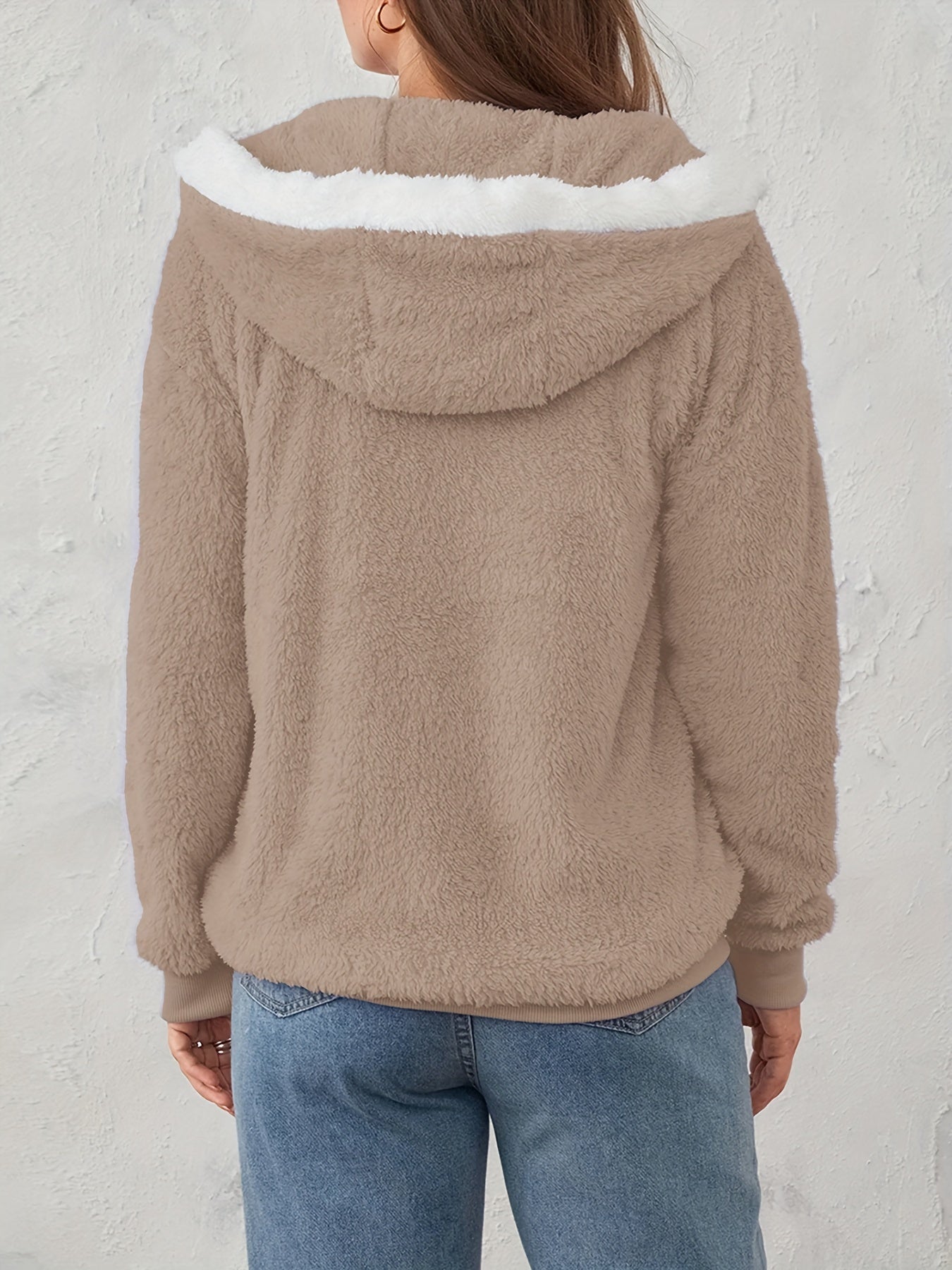 Plus Size Fuzzy Hooded Coat, Casual Long Sleeve Zipper Coat With Pockets, Women's Plus Size Clothing