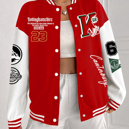 Chic Plus Size Women's Baseball Jacket - Casual Fall/Winter Coat with Letter Print, Button-Up Front, Machine Washable