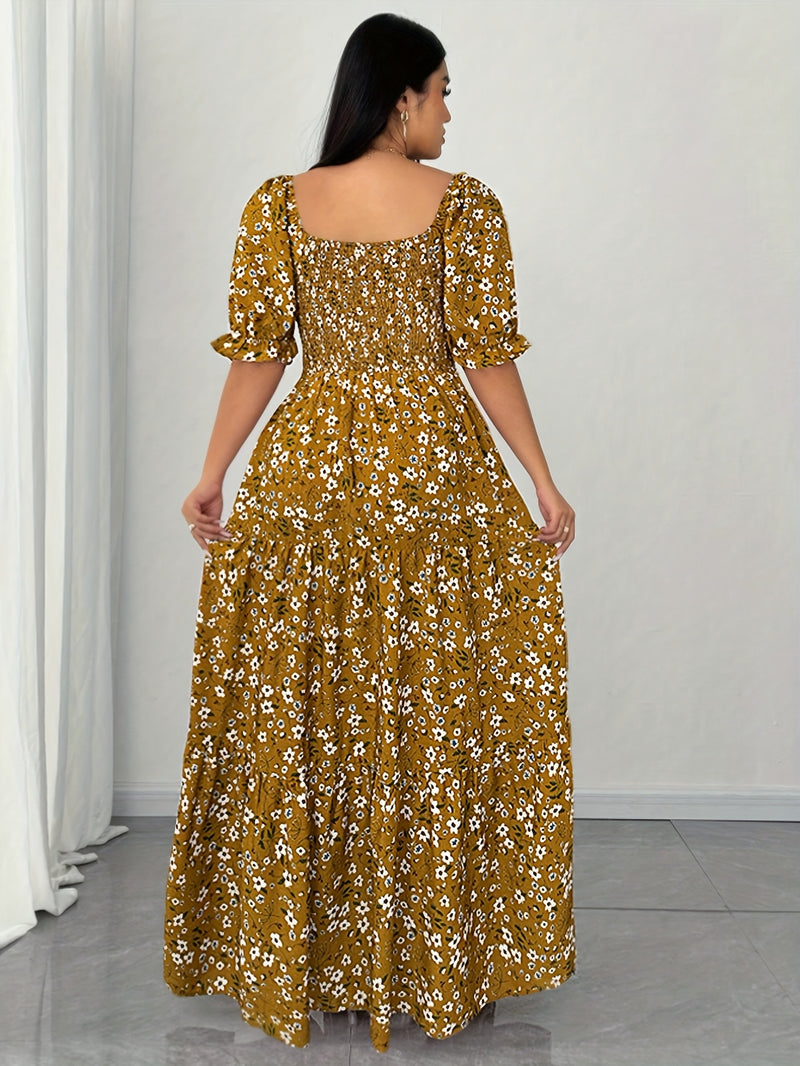 Women's Summer Square Neck Elastic Waist Floral Print Puff Sleeve A-Line Maxi Dress - Lightweight Breathable Machine Washable Plus Size Flowy Long Dress for Beach Vacation & Casual Outings, Beach Dresses