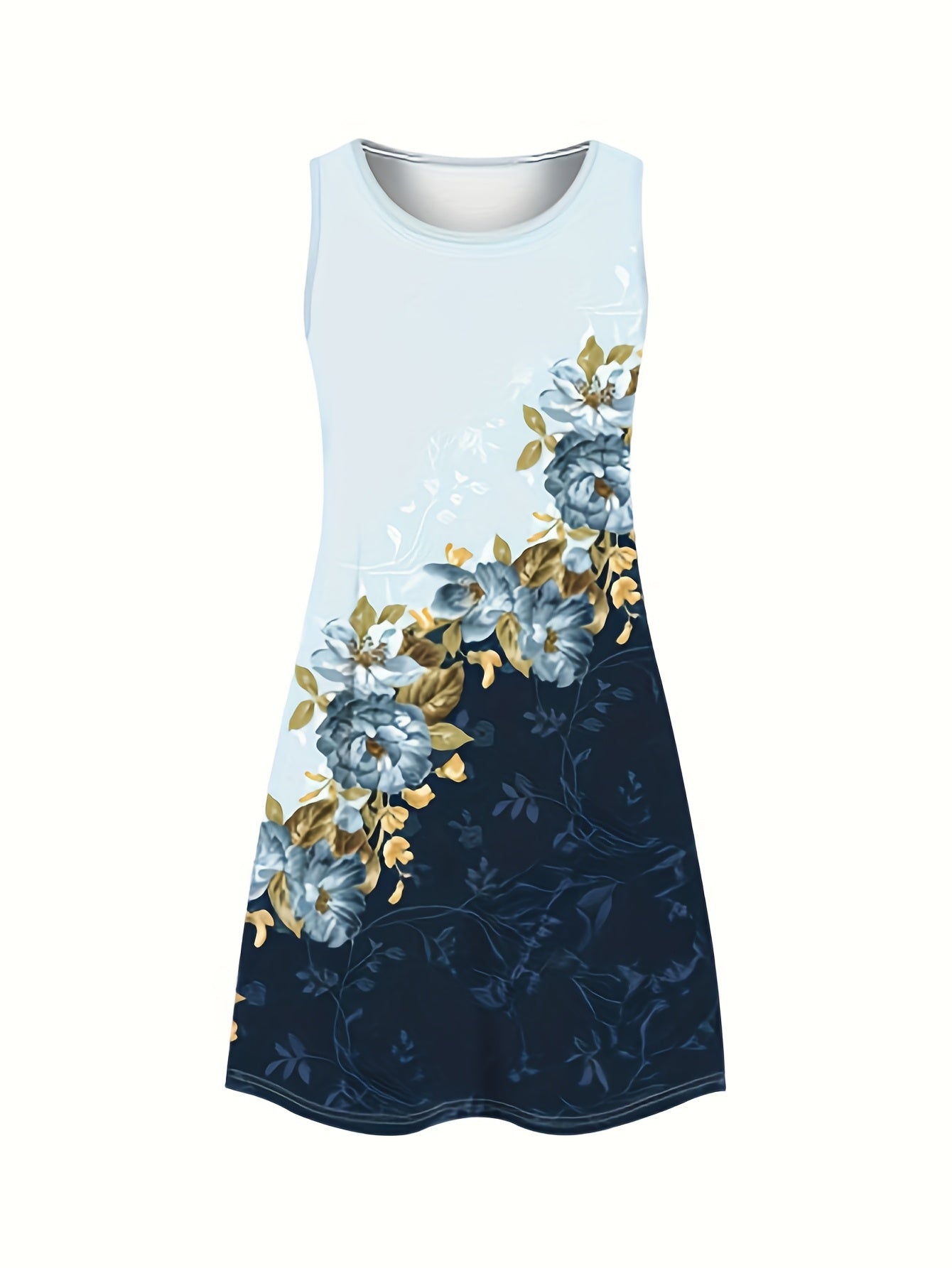 Vestido sin mangas con estampado floral para mujer, talla grande, corte A - Elegante vestido romántico de verano con degradado y estampado floral azul vibrante y dorado, tejido ligero e informal, perfecto para primavera y verano | Vibr