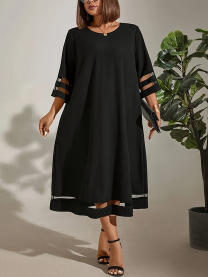 Elegant Plus Size Midi Dress with Contrast Mesh Detail - Crew Neck, 3/4 Sleeve, Non-Stretch Polyester Blend - Machine Washable - Perfect for Spring &amp; Summer