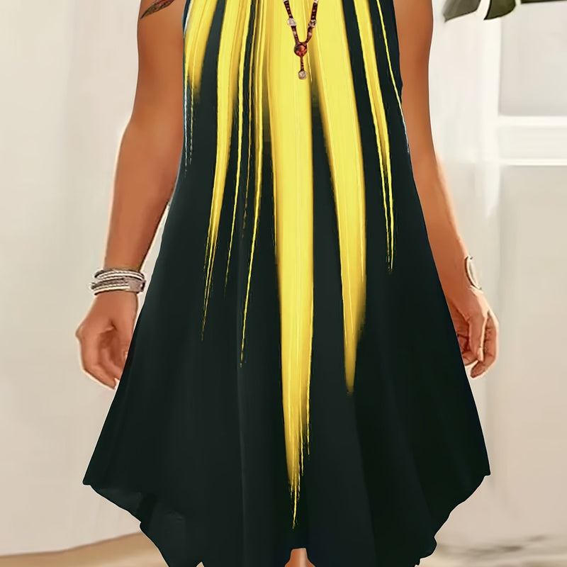 Plus Size Ombre Print Cami Dress, Vacation Style Asymmetrical Hem Sleeveless Crew Neck Dual Strap Dress For Spring & Summer, Women's Plus Size Clothing