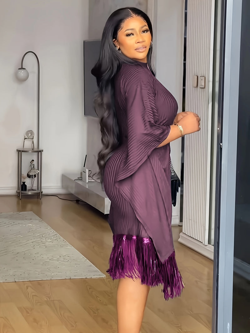 Bat Sleeve Plus Size Tights Tassel Dress