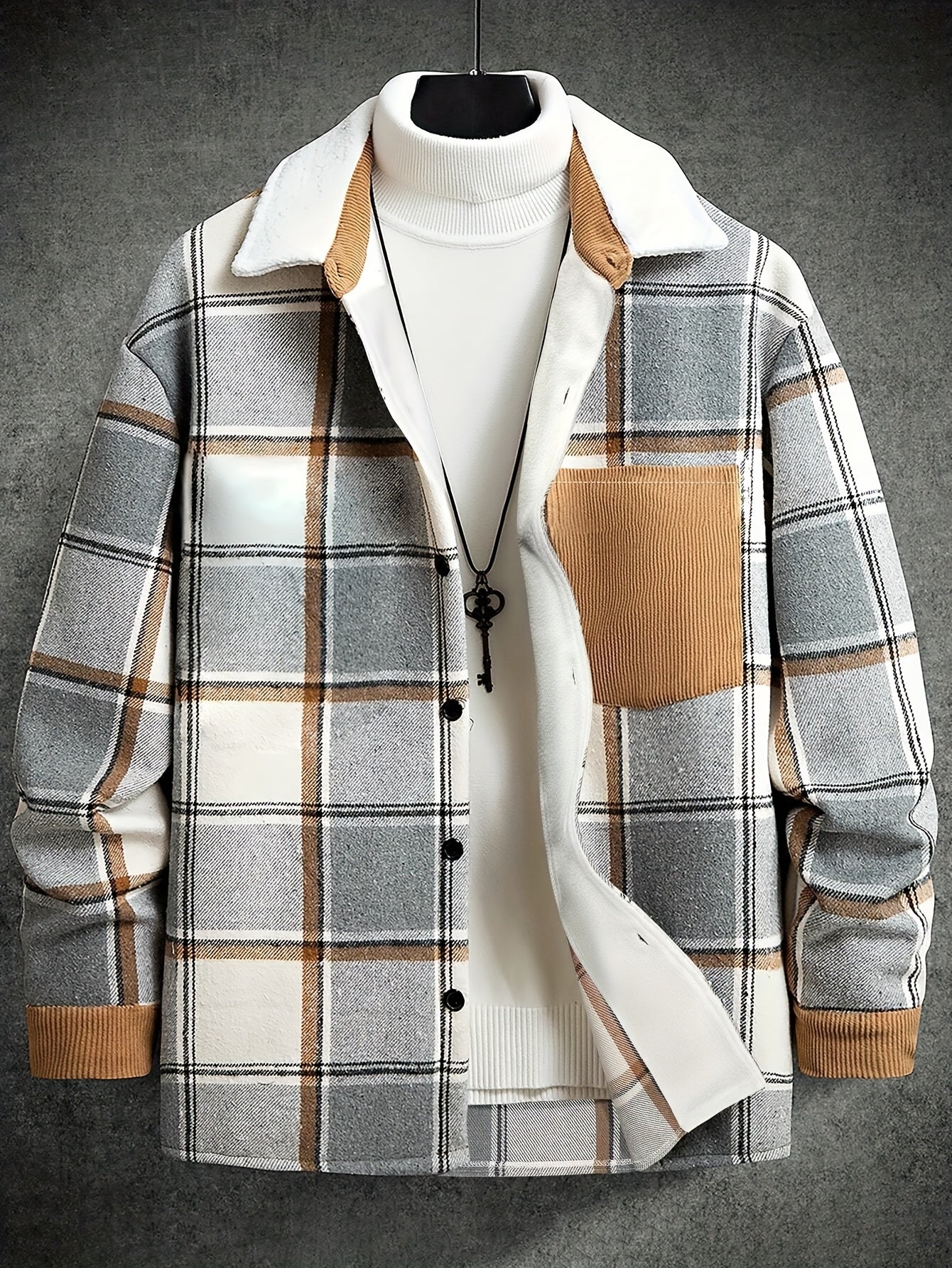 1pc Men'S Casual Plaid Fleece Jacket, Thickened Outerwear with Button Closure, Polyester Fabric, Non-Stretch, Regular Fit, Autumn/Winter Season, Solid Color Pocket Detail