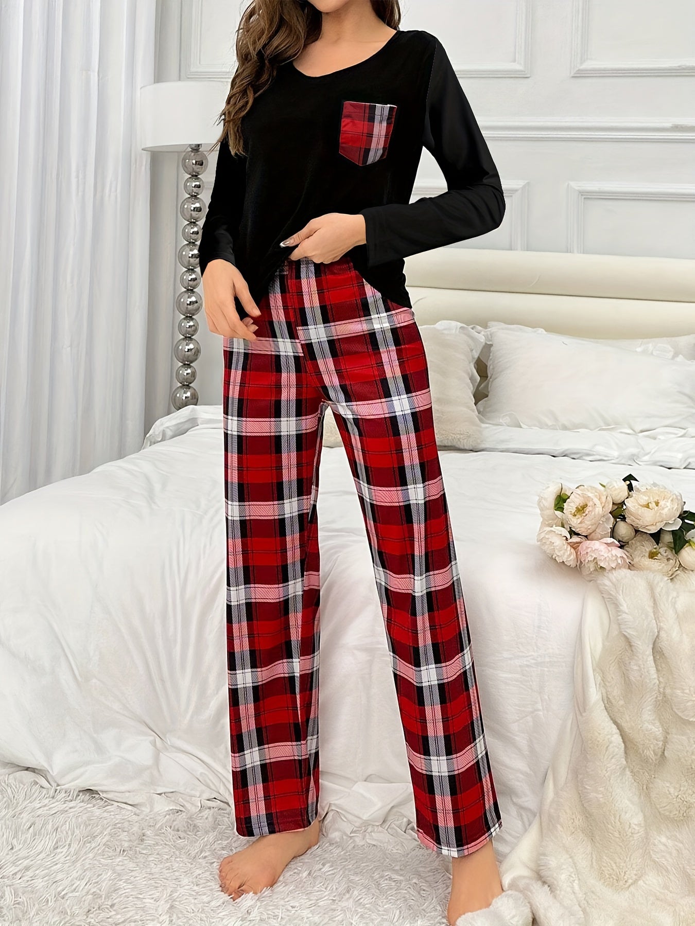 Autumn and Winter Ladies' Pajamas with Long Sleeves and Pants, Tops with Pockets, Plaid Pants, Trousers with Plaid and Printed Patterns, Spring, Summer, Autumn and Winter Casual Home Clothes Set