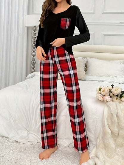 Autumn and Winter Ladies' Pajamas with Long Sleeves and Pants, Tops with Pockets, Plaid Pants, Trousers with Plaid and Printed Patterns, Spring, Summer, Autumn and Winter Casual Home Clothes Set