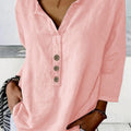 V-Neck Button-Up Top - Loose Fit Solid Color Pullover, Fashionable Casual V-Neck Shirt for Women, Relaxed Fit, Non-Stretch Cotton Linen Blouse