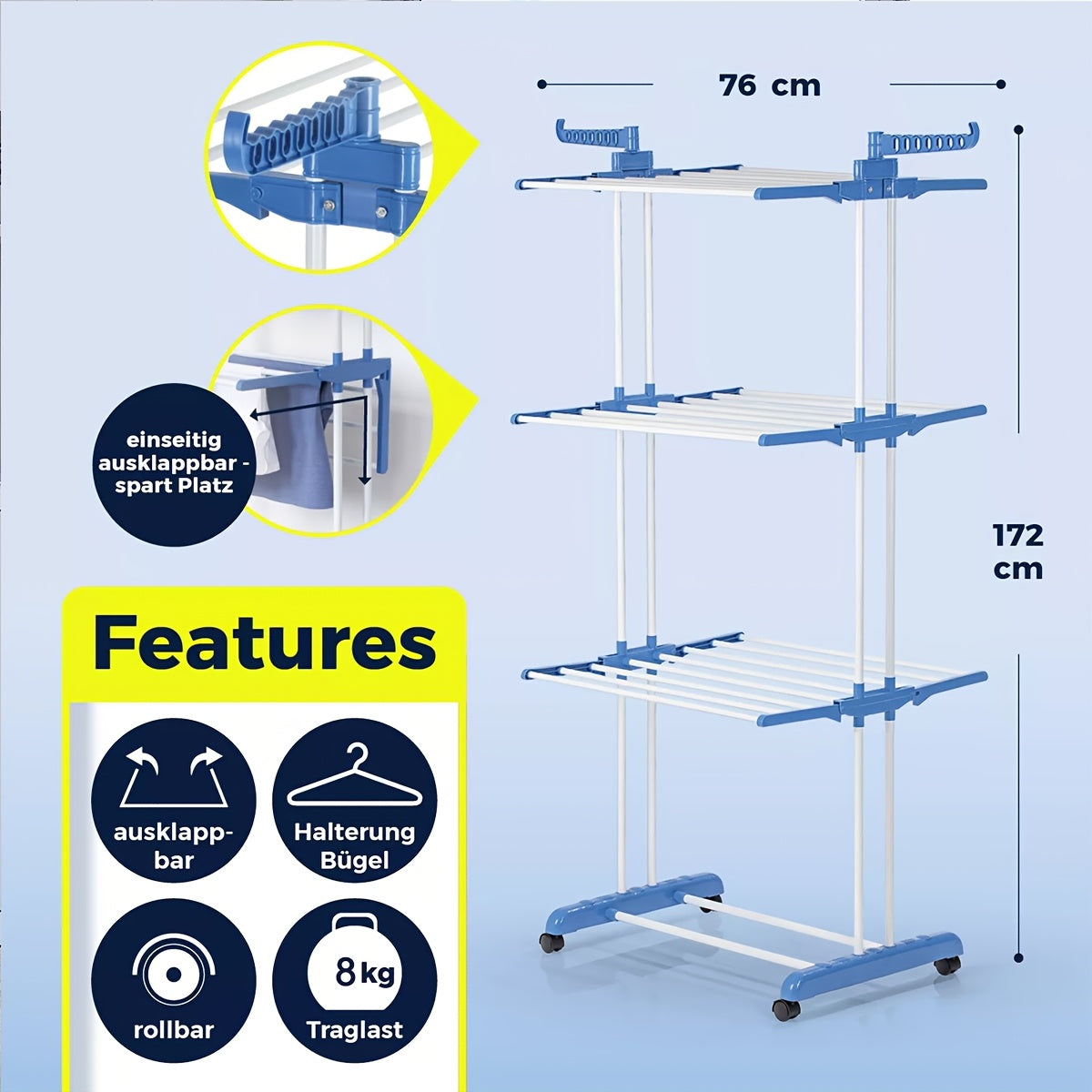 3-Tier Foldable Clothes Drying Rack with Wheels - Durable Metal & Plastic, Space-Saving Design for Indoor/Outdoor Use, Easy Assembly, Drying Racks