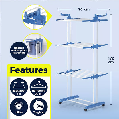 3-Tier Foldable Clothes Drying Rack with Wheels - Durable Metal & Plastic, Space-Saving Design for Indoor/Outdoor Use, Easy Assembly, Drying Racks