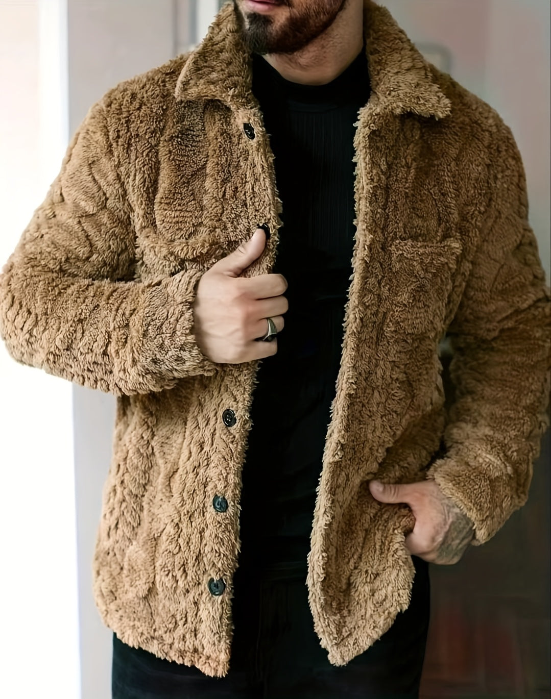 Men's Casual Solid Color Flannel Jacket - Cozy Polyester, Button-Up Outerwear with Pockets, Long Sleeves for Fall & Winter